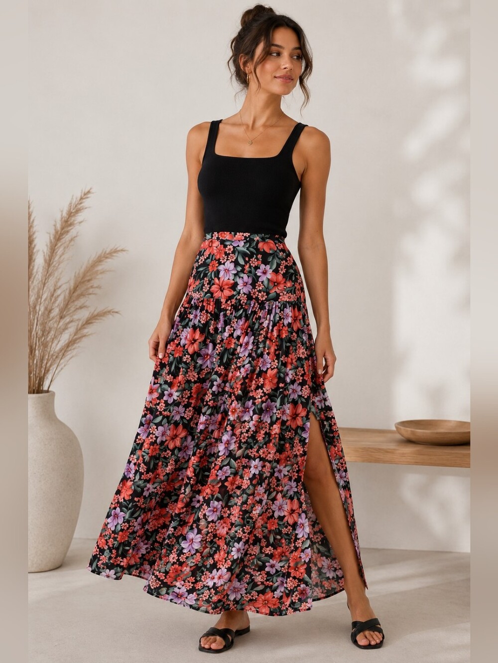Floral Black Maxi Skirt with Side Slit